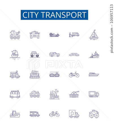 City transport line icons signs set. Design collection of Urban, Transportation, Bus, Subway, Metro, Automobile, Bicycle, Taxi outline concept vector illustrations 100957113