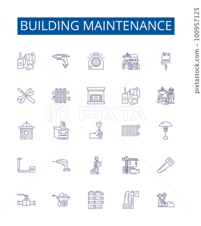Building maintenance line icons signs set. Design collection of Repair, Cleaning, Painting, Gardening, Mowing, Inspection, Testing, Replacement outline concept vector illustrations 100957125