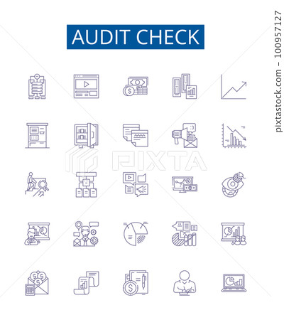 Audit check line icons signs set. Design collection of Inspection, Assessing, Verifying, Evaluation, Examining, Monitoring, Scrutiny, Checking outline concept vector illustrations 100957127