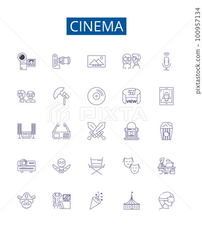 Cinema line icons signs set. Design collection of Film, Theater, Movie, Showing, Screening, Projection, Reel, Playback outline concept vector illustrations Cinema line icons signs set. Design collection of Film, Theater, Movie, Showing, Screening, Projection, Reel, Playback outline concept vector illustrations 100957134