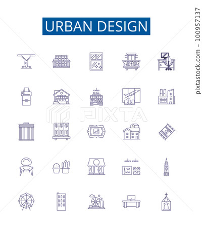 Urban design line icons signs set. Design collection of Urban, Design, Architecture, Placemaking, City, Streetscape, Landscape, Sustainability outline concept vector illustrations Urban design line icons signs set. Design collection of Urban, Design, Architecture, Placemaking, City, Streetscape, Landscape, Sustainability outline concept vector illustrations 100957137
