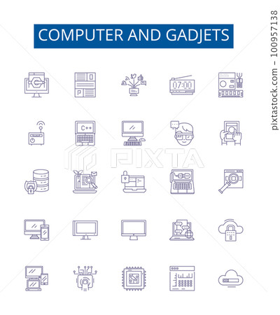 Computer and gadjets line icons signs set. Design collection of Hardware, Software, Networking, Laptops, Monitors, Printers, Scanners, Routers outline concept vector illustrations Computer and gadjets line icons signs set. Design collection of Hardware, Software, Networking, Laptops, Monitors, Printers, Scanners, Routers outline concept vector illustrations 100957138
