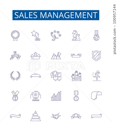 Sales management line icons signs set. Design collection of Marketing, Planning, Forecasting, Analyzing, Budgeting, Organizing, Promoting, Recruiting outline concept vector illustrations 100957144