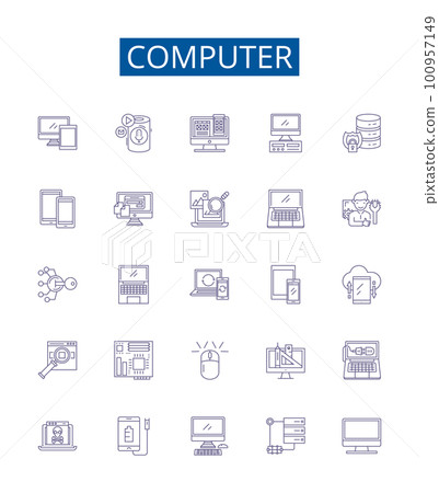 Computer line icons signs set. Design collection of Hardware, Software, Data, Network, Monitor, Keyboard, Mouse, Processor outline concept vector illustrations 100957149