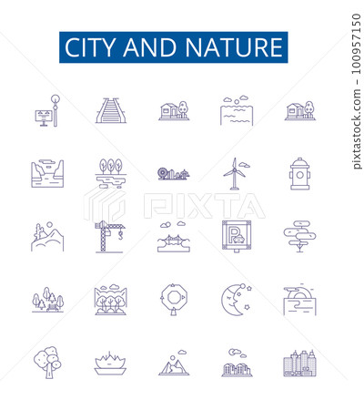 City and nature line icons signs set. Design collection of urban, rural, landscape, backdrop, locale, skyline, architecture, vegetation outline concept vector illustrations 100957150