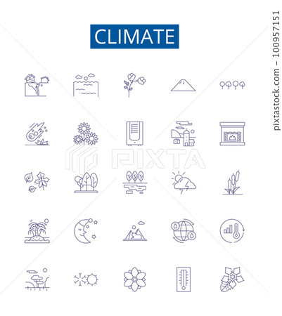 Climate line icons signs set. Design collection of Weather, Temperature, Clouds, Humidity, Climate, Rainfall, Climate change, Wind outline concept vector illustrations 100957151
