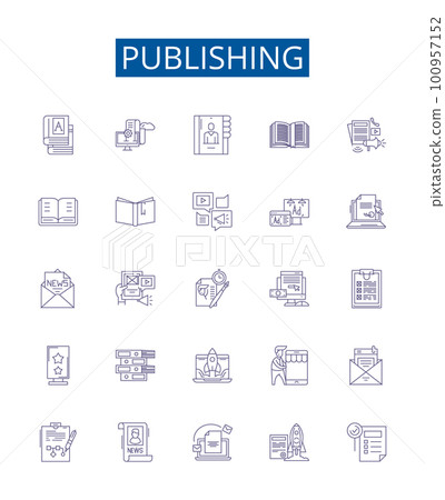 Publishing line icons signs set. Design collection of Printing, distribution, editing, marketing, manuscripts, magazines, books, newspapers outline concept vector illustrations 100957152