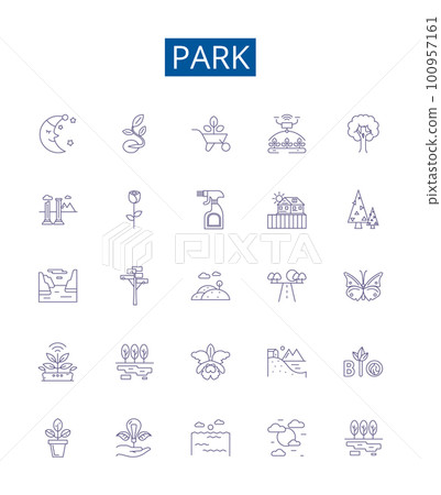 Park line icons signs set. Design collection of Park, Parkland, Amusement, Recreation, Forest, Nature, Trails, Picnic outline concept vector illustrations Park line icons signs set. Design collection of Park, Parkland, Amusement, Recreation, Forest, Nature, Trails, Picnic outline concept vector illustrations 100957161