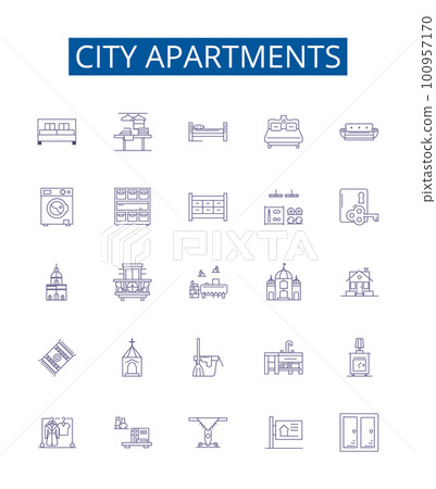 City apartments line icons signs set. Design collection of Apartments, City, Accommodation, Housing, Rent, Residence, Condo, Flats outline concept vector illustrations City apartments line icons signs set. Design collection of Apartments, City, Accommodation, Housing, Rent, Residence, Condo, Flats outline concept vector illustrations 100957170