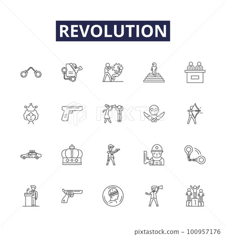 Revolution line vector icons and signs. Rebellion, Overthrow, Change, Alteration, Revolt, Metamorphosis, Renewal, Conversion outline vector illustration set Revolution line vector icons and signs. Rebellion, Overthrow, Change, Alteration, Revolt, Metamorphosis, Renewal, Conversion outline vector illustration set 100957176