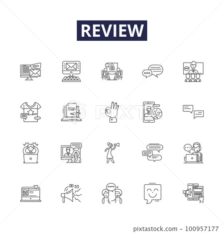 Review line vector icons and signs. Analysis, Assess, Assay, Inspect, Scrutinise, Consider, Check, Comment outline vector illustration set 100957177