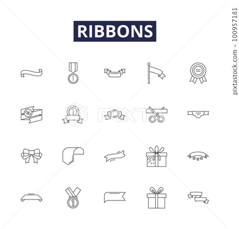 Ribbons line vector icons and signs. Grosgrain, Satin, Organza, Tulle, Lace, Sheer, Velvet, Metallic outline vector illustration set 100957181