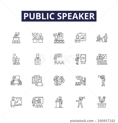 Public speaker line vector icons and signs. public, business, presentation, conference, speech, event, audience,education outline vector illustration set Public speaker line vector icons and signs. public, business, presentation, conference, speech, event, audience,education outline vector illustration set 100957182