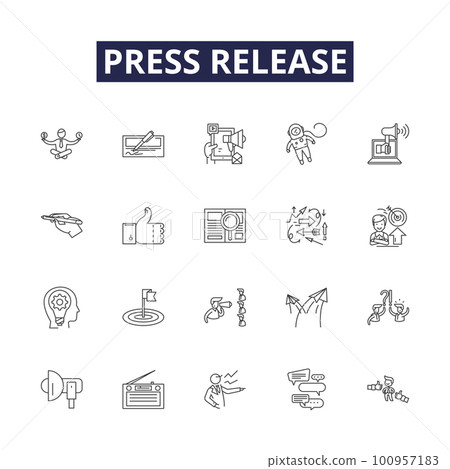 Press release line vector icons and signs. Release, Announcement, Bulletin, Media, News, Update, Story, Declaration outline vector illustration set Press release line vector icons and signs. Release, Announcement, Bulletin, Media, News, Update, Story, Declaration outline vector illustration set 100957183