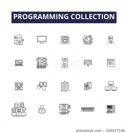 Programming collection line vector icons and signs. Collection, Code, Language, Algorithm, Syntax, Logic, Framework, Compile outline vector illustration set 100957186