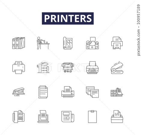 Printers line vector icons and signs. Printing, Ink, Laser, Toner, Canon, Epson, HP, Network outline vector illustration set Printers line vector icons and signs. Printing, Ink, Laser, Toner, Canon, Epson, HP, Network outline vector illustration set 100957189
