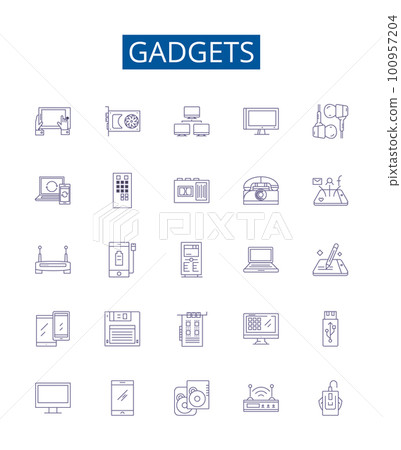 Gadgets line icons signs set. Design collection of devices, electronics, appliances, tools, technology, toys, iPhones, computers outline concept vector illustrations Gadgets line icons signs set. Design collection of devices, electronics, appliances, tools, technology, toys, iPhones, computers outline concept vector illustrations 100957204