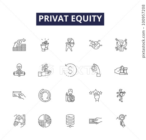 Privat equity line vector icons and signs. Investing, Finance, Venture Capital, Leverage, Buyouts, Partnerships, Funds, Capital outline vector illustration set 100957208
