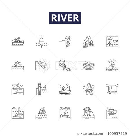 River line vector icons and signs. Stream, Brook, Waterway, Flow, Rapids, Creek, Torrent, Tributary outline vector illustration set River line vector icons and signs. Stream, Brook, Waterway, Flow, Rapids, Creek, Torrent, Tributary outline vector illustration set 100957219