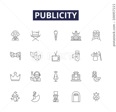 Publicity line vector icons and signs. Advertising, Visibility, Media, Publicity, Handling, Campaigning, Awareness, Notice outline vector illustration set Publicity line vector icons and signs. Advertising, Visibility, Media, Publicity, Handling, Campaigning, Awareness, Notice outline vector illustration set 100957221