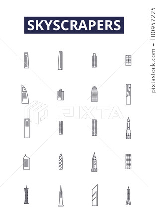 Skyscrapers line vector icons and signs. Towers, Buildings, High-rises, Structures, Edifices, Obelisks, Spires, Pillars outline vector illustration set Skyscrapers line vector icons and signs. Towers, Buildings, High-rises, Structures, Edifices, Obelisks, Spires, Pillars outline vector illustration set 100957225