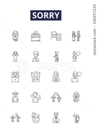 Sorry line vector icons and signs. Regretful, Pardon, Contrite, Repentant, Remorseful, Forgive, Condolence, Sympathy outline vector illustration set Sorry line vector icons and signs. Regretful, Pardon, Contrite, Repentant, Remorseful, Forgive, Condolence, Sympathy outline vector illustration set 100957226