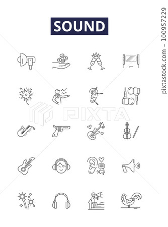 Sound line vector icons and signs. Noise, Audible, Resound, Hiss, Tweet, Pitch, Loud, Hum outline vector illustration set 100957229