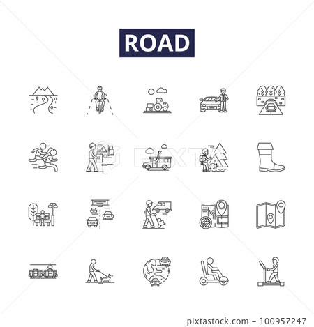 Road line vector icons and signs. Street, Asphalt, Path, Freeway, Pavement, Highway, Thoroughfare, Byway outline vector illustration set 100957247