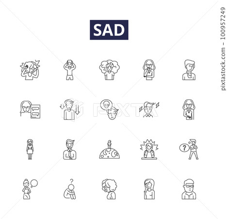 Sad line vector icons and signs. gloomy, melancholic, sorrowful, despairing, mournful, desolate, frustrated, hurt outline vector illustration set 100957249