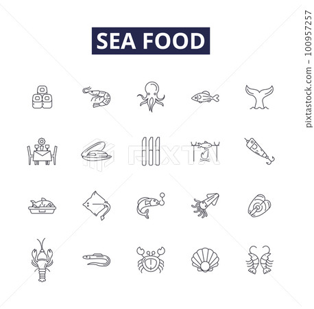 Sea food line vector icons and signs. Fish, Shrimp, Clams, Oysters, Crab, Salmon, Halibut, Lobster outline vector illustration set Sea food line vector icons and signs. Fish, Shrimp, Clams, Oysters, Crab, Salmon, Halibut, Lobster outline vector illustration set 100957257