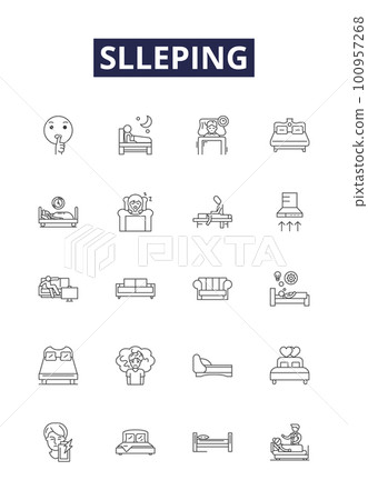 Slleping line vector icons and signs. Dreaming, Napping, Slumbering, Dozing, Tired, Snoring, Somnolence, Slumping outline vector illustration set 100957268
