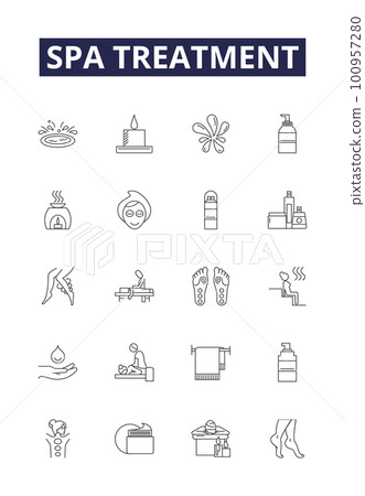 Spa treatment line vector icons and signs. Treatment, Massage, Facial, Scrub, Waxing, Manicure, Pedicure, Aromatherapy outline vector illustration set 100957280