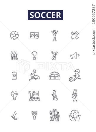 Soccer line vector icons and signs. Goal, Kick, Striker, Pass, Skiller, Defender, Pitch, Penalty outline vector illustration set Soccer line vector icons and signs. Goal, Kick, Striker, Pass, Skiller, Defender, Pitch, Penalty outline vector illustration set 100957287