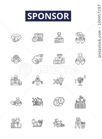 Sponsor line vector icons and signs. Financer, Promoter, Funder, Endorser, Underwriter, Backer, Guarantor, Patron outline vector illustration set Sponsor line vector icons and signs. Financer, Promoter, Funder, Endorser, Underwriter, Backer, Guarantor, Patron outline vector illustration set 100957297