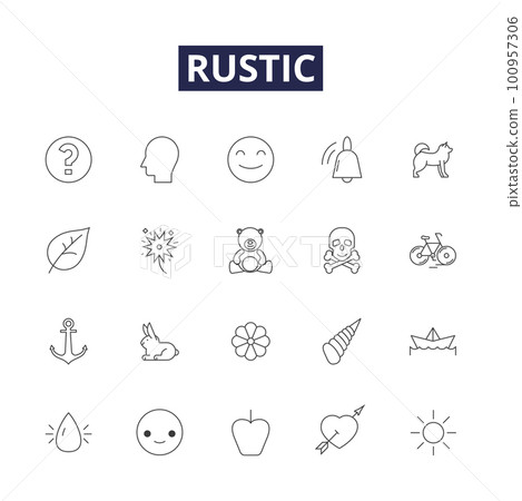 Rustic line vector icons and signs. bucolic, rural, uncivilized, unsophisticated, primitive, coarse, rusticated, homespun outline vector illustration set Rustic line vector icons and signs. bucolic, rural, uncivilized, unsophisticated, primitive, coarse, rusticated, homespun outline vector illustration set 100957306