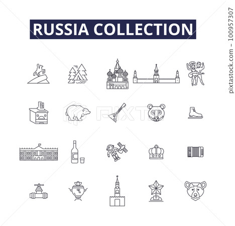 Russia collection line vector icons and signs. Collection, Soviet, Moscow, Kremlin, Putin, Red, Hermitage, Ukraine outline vector illustration set 100957307