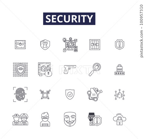 Security line vector icons and signs. Guard, Safekeeping, Shield, Safeguard, Lock, Defense, Warrant, Fortify outline vector illustration set Security line vector icons and signs. Guard, Safekeeping, Shield, Safeguard, Lock, Defense, Warrant, Fortify outline vector illustration set 100957310