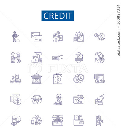 Credit line icons signs set. Design collection of Credit, Loan, Money, Card, Bank, Finance, Rate, Borrow outline concept vector illustrations 100957314