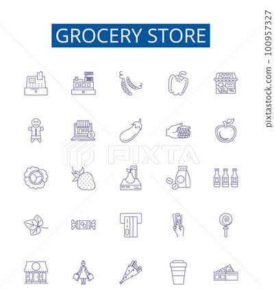 Grocery store line icons signs set. Design collection of Grocery, Store, Supermarket, Provisions, Fruits, Vegetables, Dairy, Meat outline concept vector illustrations Grocery store line icons signs set. Design collection of Grocery, Store, Supermarket, Provisions, Fruits, Vegetables, Dairy, Meat outline concept vector illustrations 100957327