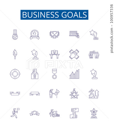 Business goals line icons signs set. Design collection of Ambition, Profit, Expansion, Productivity, Clientele, Quality, Innovation, Efficiency outline concept vector illustrations 100957336