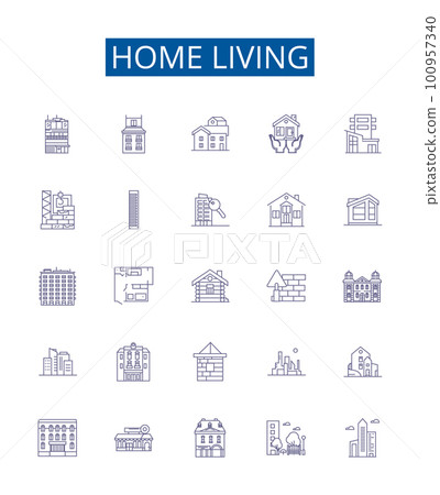 Home living line icons signs set. Design collection of Home, Living, Furniture, Decor, Cleaning, Storage, Gardening, Kitchen outline concept vector illustrations Home living line icons signs set. Design collection of Home, Living, Furniture, Decor, Cleaning, Storage, Gardening, Kitchen outline concept vector illustrations 100957340