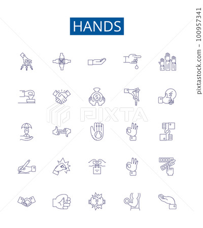 Hands line icons signs set. Design collection of Palms, Clenched, Reach, Squeeze, Shake, Grasp, Fingers, Gloves outline concept vector illustrations Hands line icons signs set. Design collection of Palms, Clenched, Reach, Squeeze, Shake, Grasp, Fingers, Gloves outline concept vector illustrations 100957341