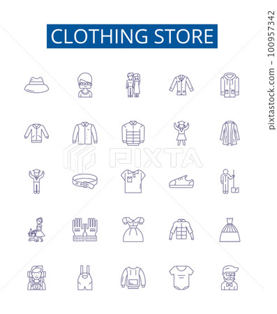 Clothing store line icons signs set. Design collection of Apparel, Clothing, Garment, Store, Outfit, Boutique, Shop, Retailer outline concept vector illustrations Clothing store line icons signs set. Design collection of Apparel, Clothing, Garment, Store, Outfit, Boutique, Shop, Retailer outline concept vector illustrations 100957342