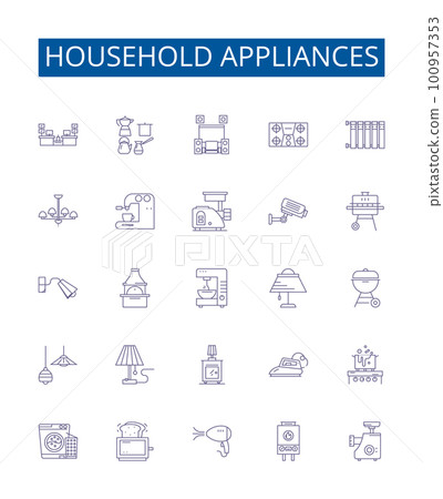Household appliances line icons signs set. Design collection of Iron, Vacuum, Kettle, Blender, Stand mixer, Toaster, Refrigerator, Stove outline concept vector illustrations 100957353