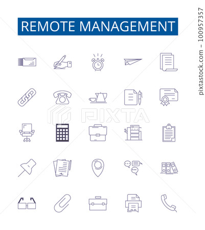 Remote management line icons signs set. Design collection of Remote, Management, Control, Access, Monitor, Administration, Audit, Automate outline concept vector illustrations Remote management line icons signs set. Design collection of Remote, Management, Control, Access, Monitor, Administration, Audit, Automate outline concept vector illustrations 100957357