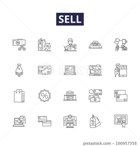 Sell line vector icons and signs. Market, Re-sell, Push, Exchange, Promote, Clearance, Exchange, Push outline vector illustration set 100957358