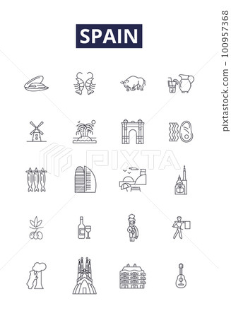 Spain line vector icons and signs. Iberian, Madrid, Barcelona, Castile, vibrant, La Liga, cuisine, culture outline vector illustration set Spain line vector icons and signs. Iberian, Madrid, Barcelona, Castile, vibrant, La Liga, cuisine, culture outline vector illustration set 100957368