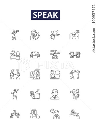 Speak line vector icons and signs. Express, Utter, Verbalize, Articulate, Narrate, Chat, State, Pronounce outline vector illustration set Speak line vector icons and signs. Express, Utter, Verbalize, Articulate, Narrate, Chat, State, Pronounce outline vector illustration set 100957371