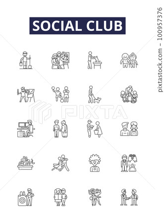 Social club line vector icons and signs. society, fellowship, organization, collective, gathering, assembly, clique, coterie outline vector illustration set Social club line vector icons and signs. society, fellowship, organization, collective, gathering, assembly, clique, coterie outline vector illustration set 100957376