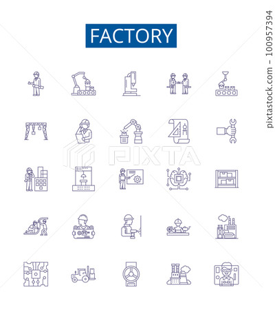 Factory line icons signs set. Design collection of Factory, Manufacturing, Industrial, Plant, Workshop, Mill, Production, Assembly outline concept vector illustrations Factory line icons signs set. Design collection of Factory, Manufacturing, Industrial, Plant, Workshop, Mill, Production, Assembly outline concept vector illustrations 100957394